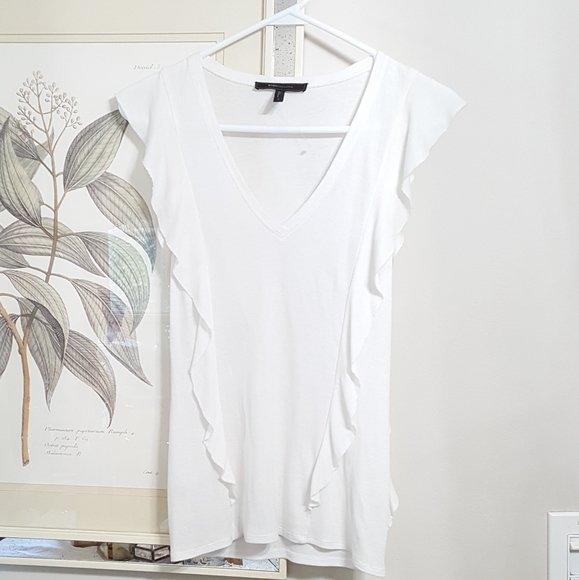 BCBG Off White Ribbed Blouse With Front & Back Ruffles - Picture 11 of 13